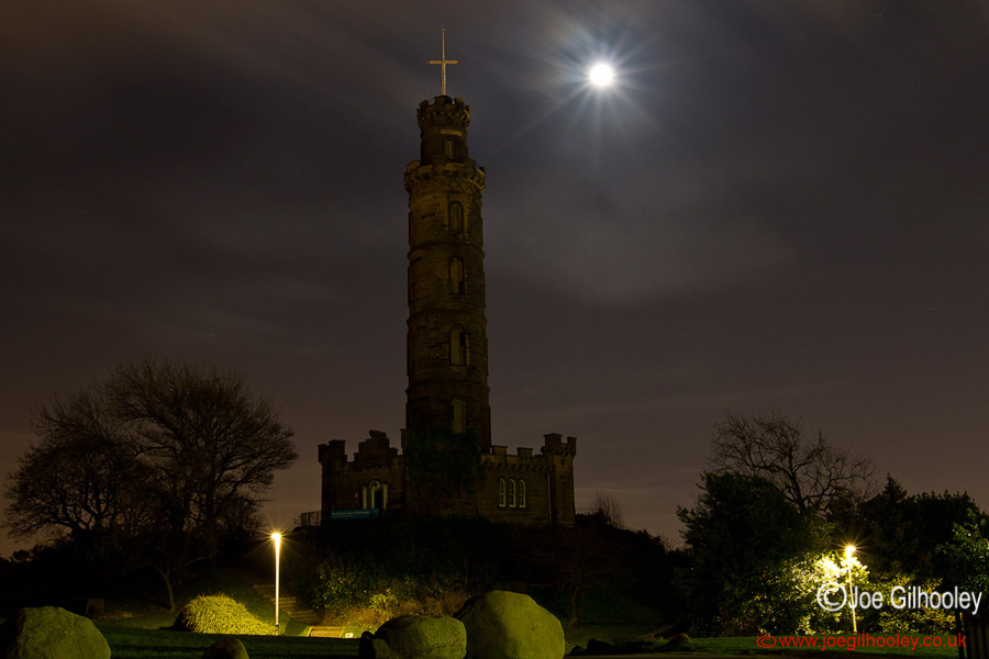 Calton Hill by Moonlight. Nelson Monument. Got The Moon as a star burst in this shot