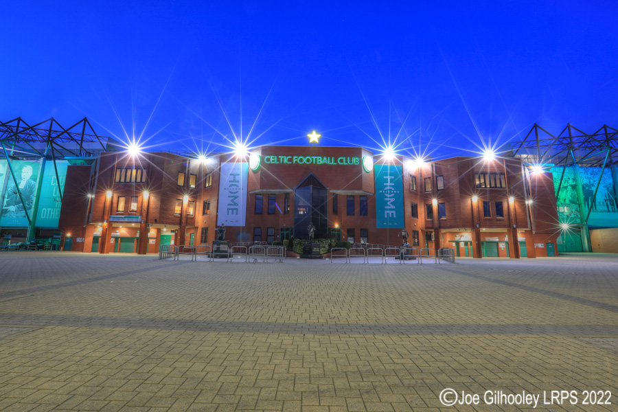 The Front of Celtic Park from The Celtic Way as the lights came on