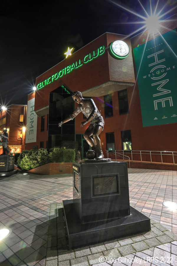The front of Celtic Park and The Jimmy Johnstone Statue