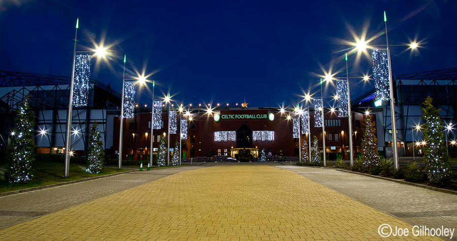 Celtic Park - The Celtic Way - a wide view including the stadium before dark