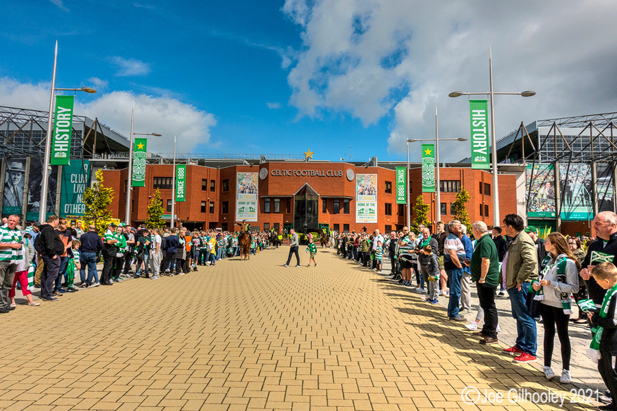 Celtic Park - supporters lining The Celtic Way awaiting arrival of Celtic Team bus

Celtic Park - light show before an evenig European Match

