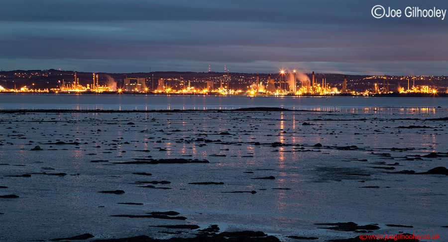 Twilight view of Grangemouth Refinery over Firth of Forth