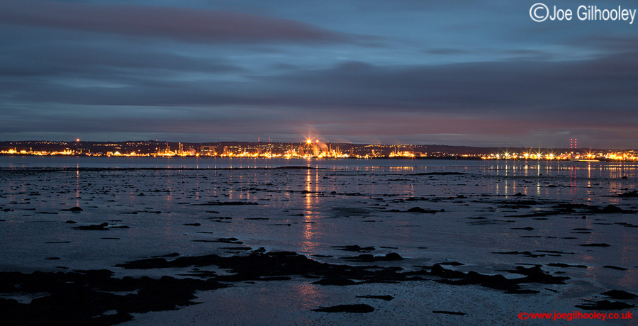 Twilight view of Grangemouth Refinery over Firth of Forth