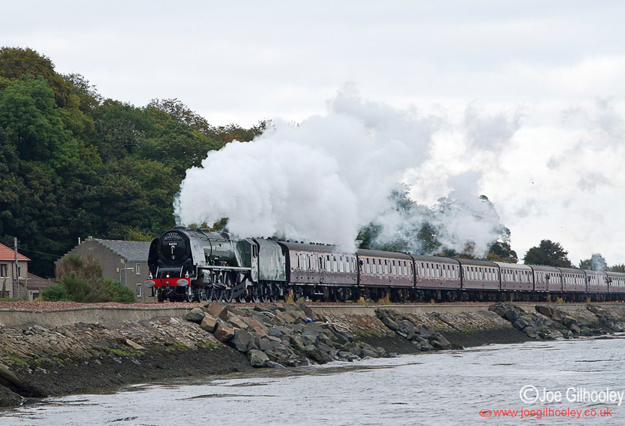 Duchess of Sutherland Steam Train in Fife travelling the shore at Culross
