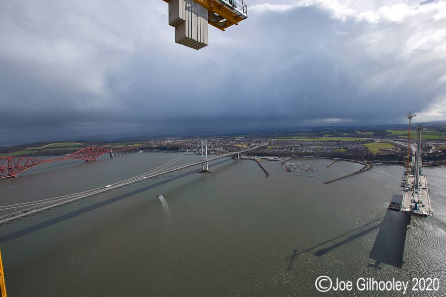 Forth Bridges from top of under construction Queensferry Crossing