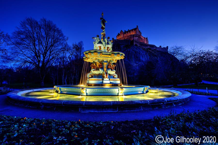 Ross Fountain and Edinburgh Castle by night