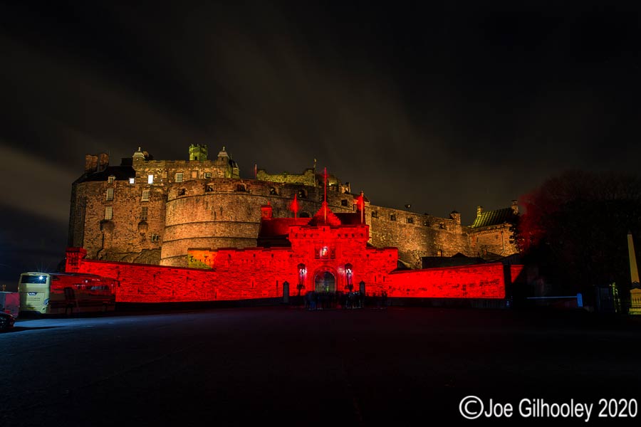 Edinburgh Castle red for Remembrance