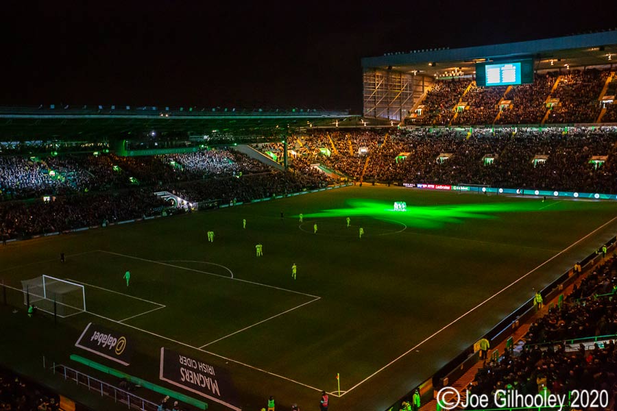 Celtic Park light show huddle before kick off