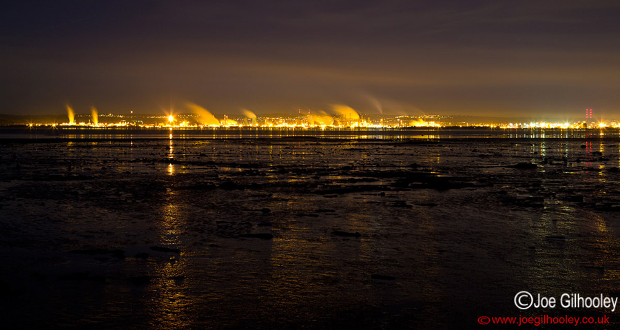 Moonlight Photography - The Fife Shore. Grangemouth Refinery reflecting on sandbanks