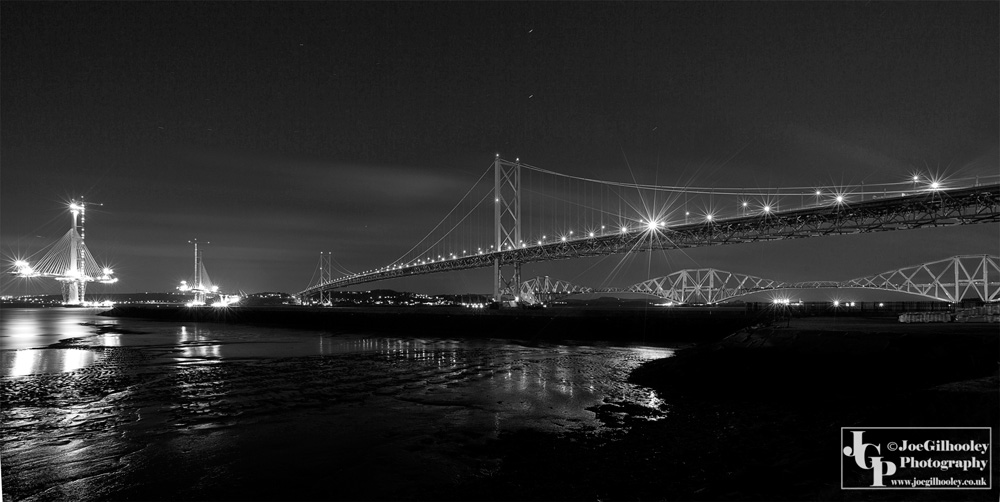 Three bridges. Queensferry Crossing under construction, Forth Road bridge with Forth Bridge in background