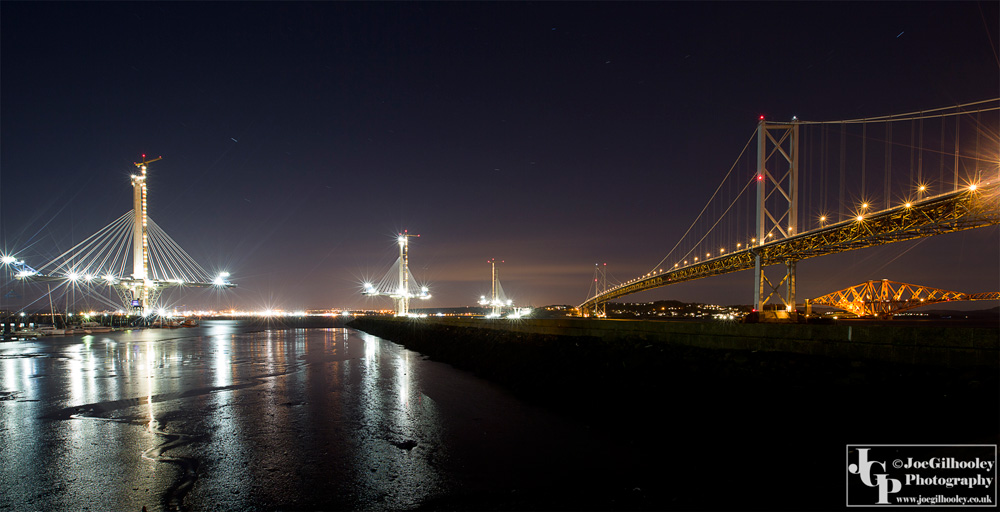 Three bridges. Queensferry Crossing under construction, Forth Road bridge with Forth Bridge in background