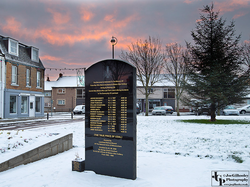 Bilston Glen Mining Memorial at Fountain Green Loanhead in the snow at sunrise