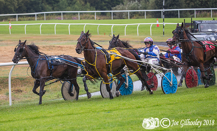 Harness Racing at Musselburgh Racecourse - Third race in the rain. Lots of spray from wheels