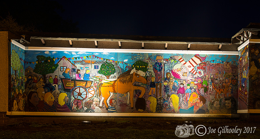 Mayfield & Easthouses Big Wall Mural - lit during darkness
