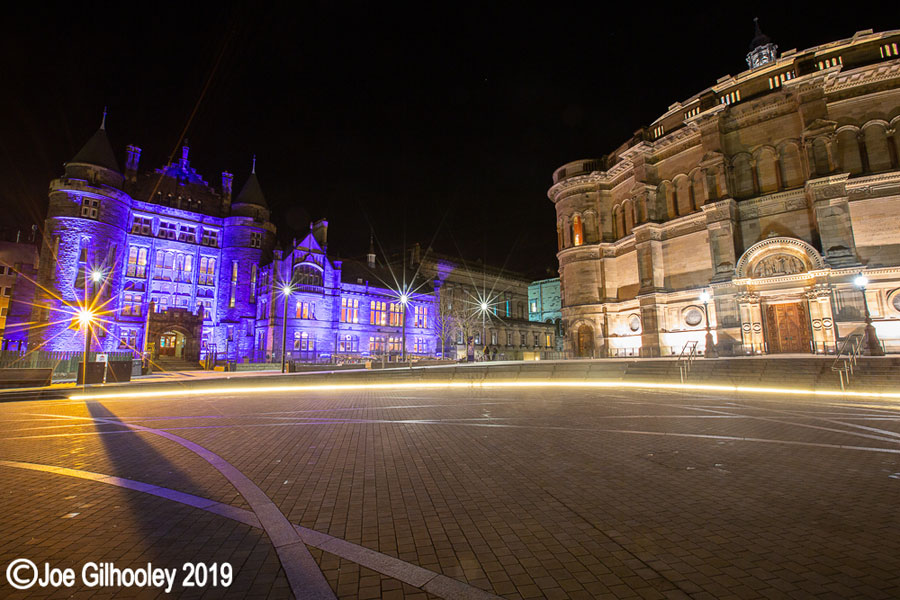 The McEwan Hall, Edinburgh and Edinburgh University Student Union lit purple