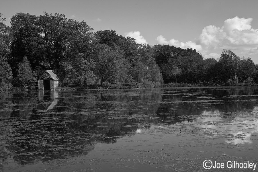 Penicuik Estate High Pond and boathouse - black aned white version