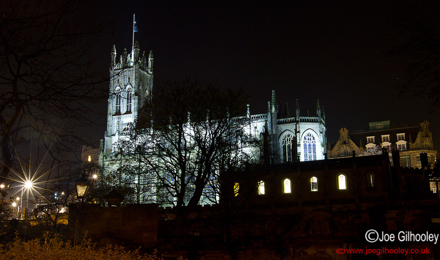 St Johns Church from St Cuthbert's Graveyard Edinburgh by night. 